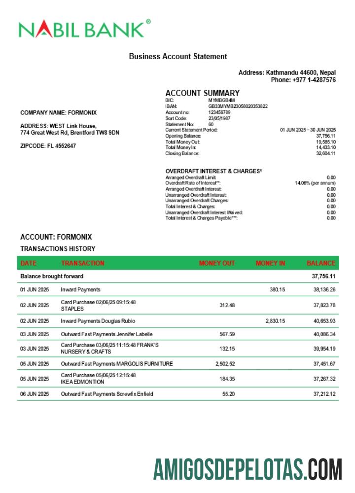 Extrato de conta empresarial Nabil em formato Word e PDF (1) modelo